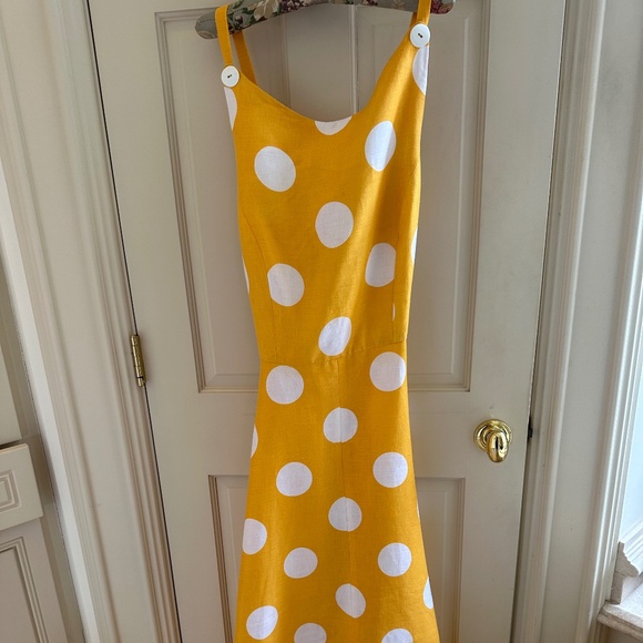 ELLEN TRACY CROSS BACK SUNDRESS-YELLOW POLKA DOTS WITH WHITE BUTTONS-Size 12 - Picture 5 of 10